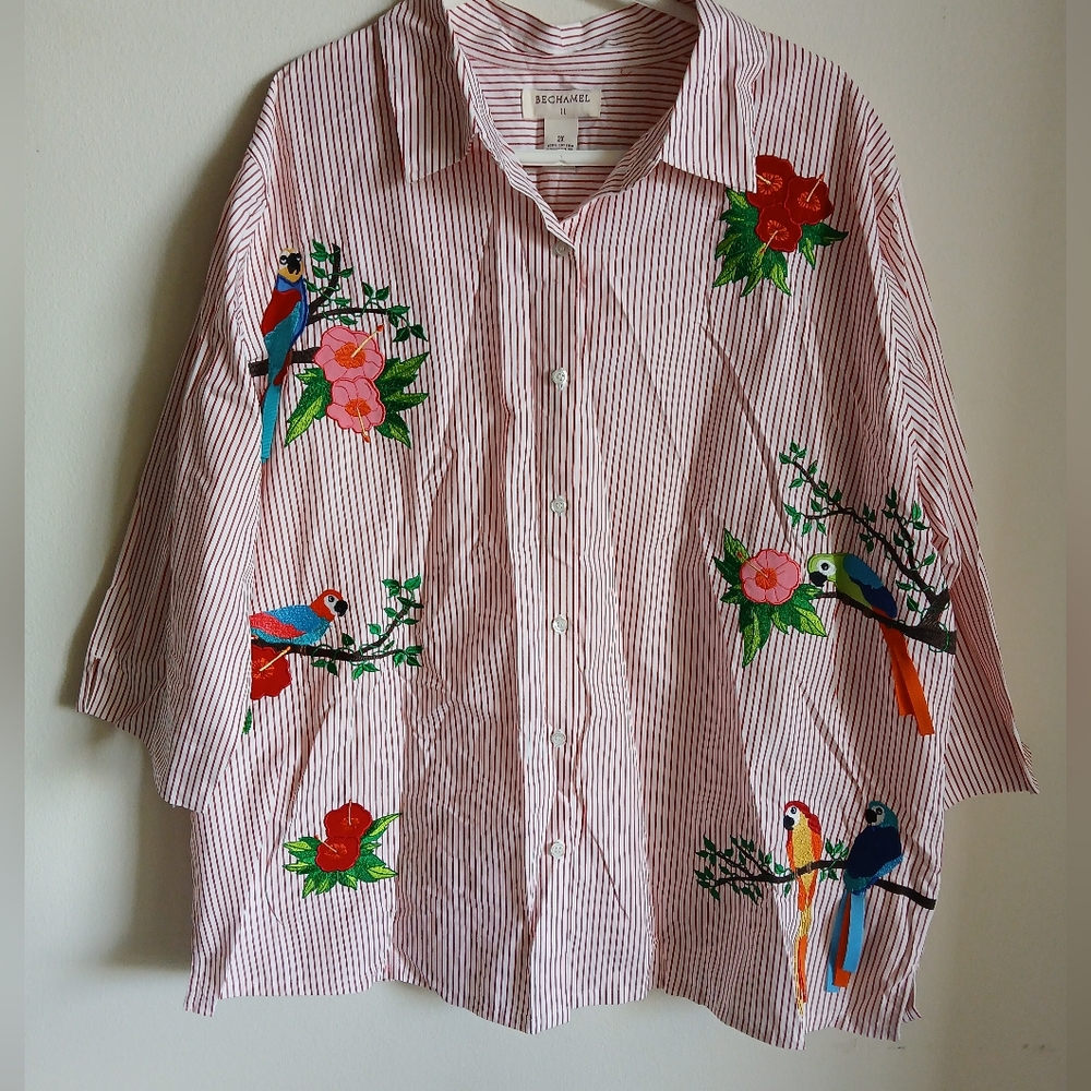 Bechamel 2X Red White Stripe Button Shirt Parrot Floral Embroidered Cotton Top